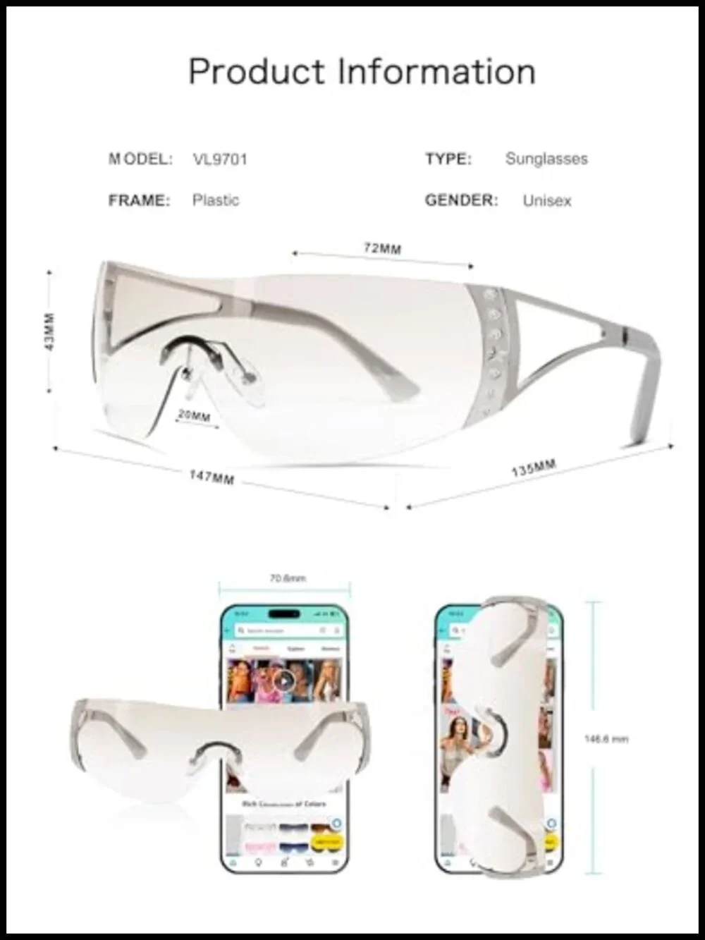 Oversized Wrap Around Y2K Sunglasses Futuristic Shield Flat Top UV400 Protection
